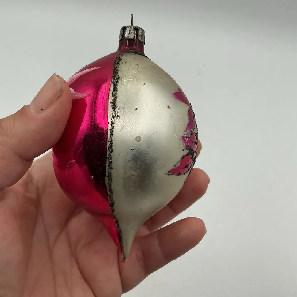 Vintage Mercury Glass Indent Christmas Ornament Pink Floral Teardrop 4.5”